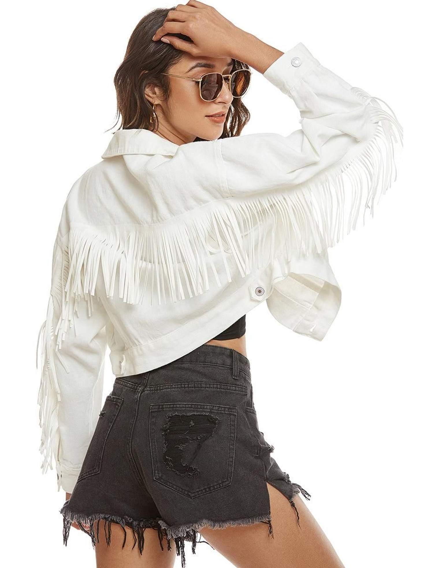 TASSEL DETAILED BUTTON CLOSURE CROP DENIM JACKET - Doublju