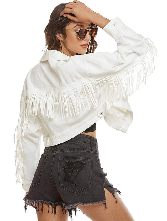 TASSEL DETAILED BUTTON CLOSURE CROP DENIM JACKET - Doublju