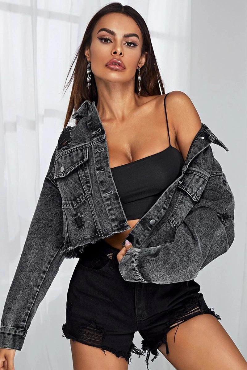 DISTRESSED BUTTON DOWN CROP DENIM JAKCET - Doublju