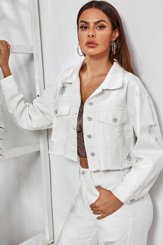 DISTRESSED BUTTON DOWN CROP DENIM JAKCET - Doublju