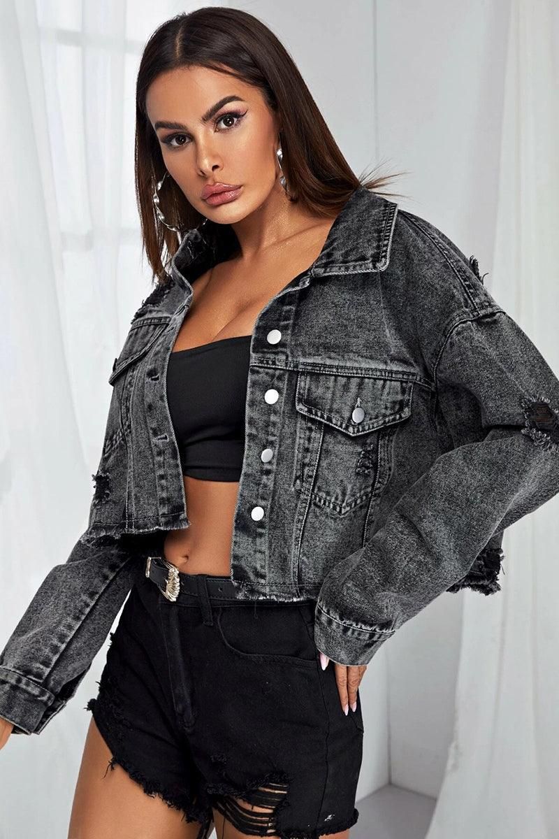 DISTRESSED SHORT DENIM JACKET WITH POCKETS - Doublju