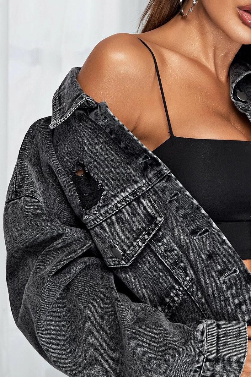 DISTRESSED SHORT DENIM JACKET WITH POCKETS - Doublju