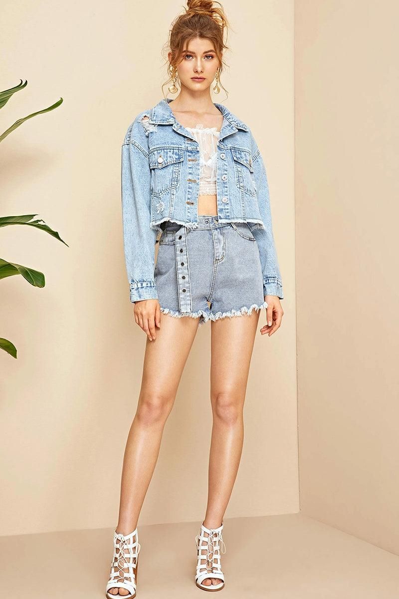 DISTRESSED SHORT DENIM JACKET WITH POCKETS - Doublju