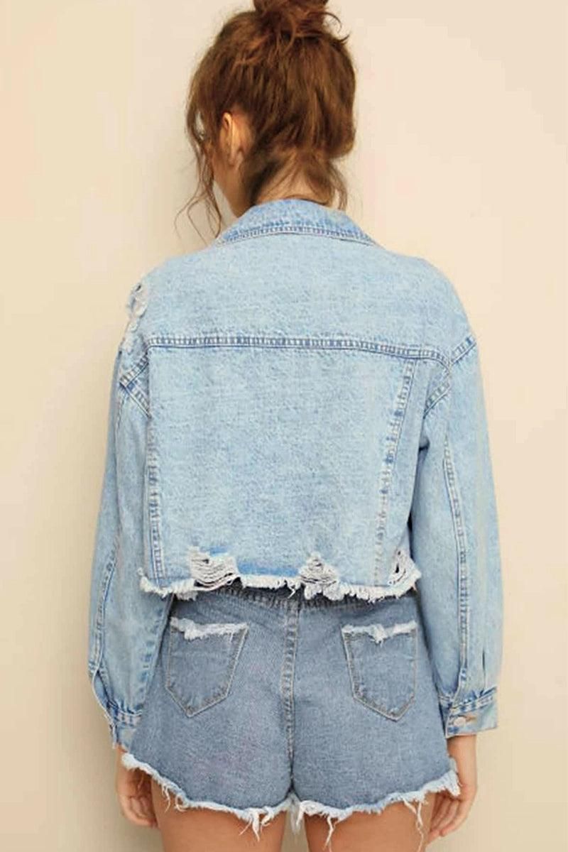 DISTRESSED SHORT DENIM JACKET WITH POCKETS - Doublju