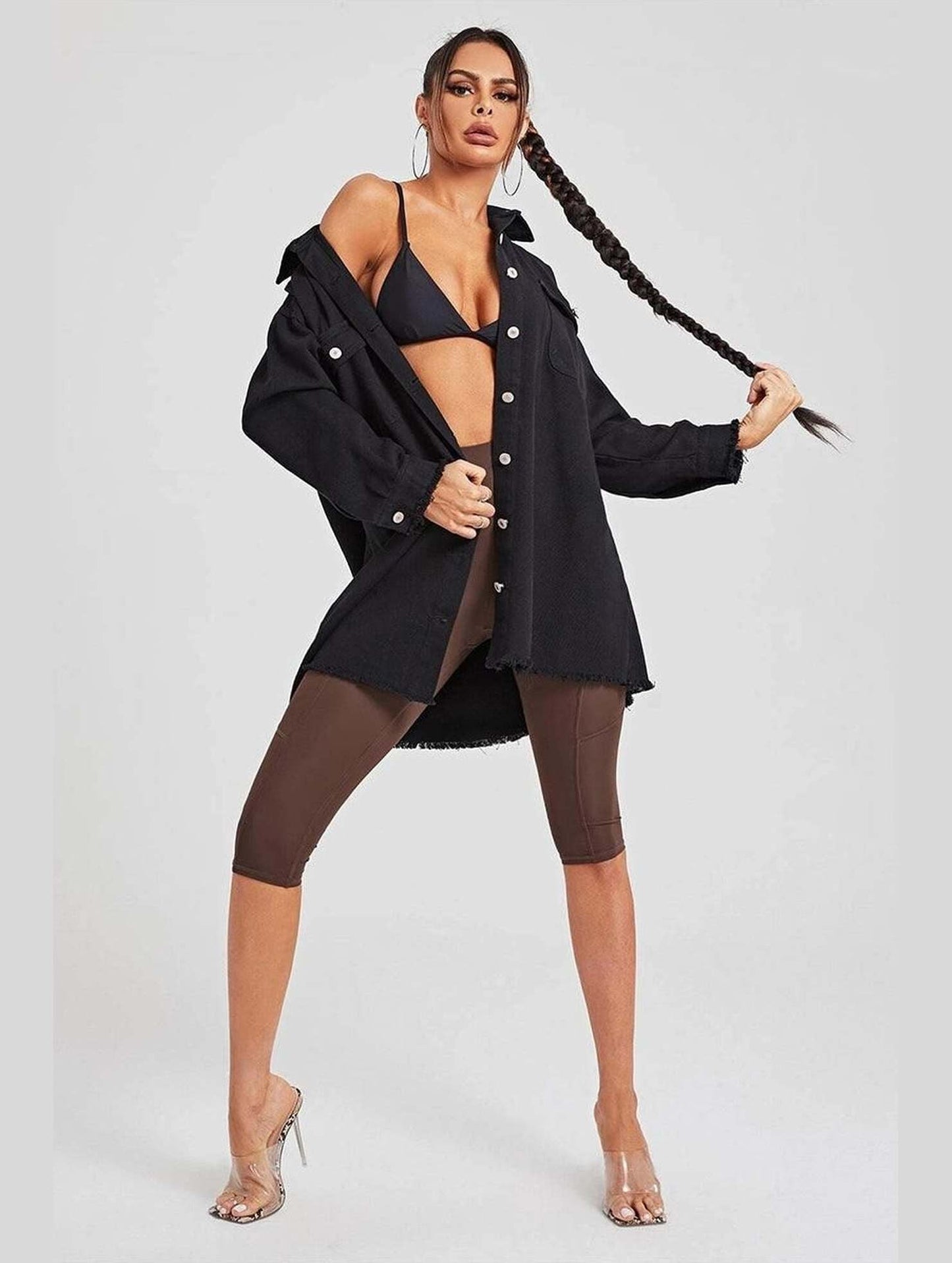 BUTTON DOWN DENIM LONG SHIRTS JACKET - Doublju