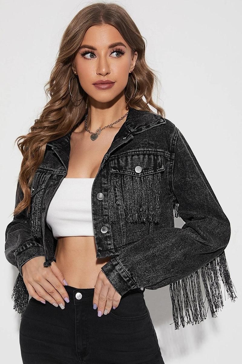 TASSEL DETAILED CROP DENIM JACKET - Doublju