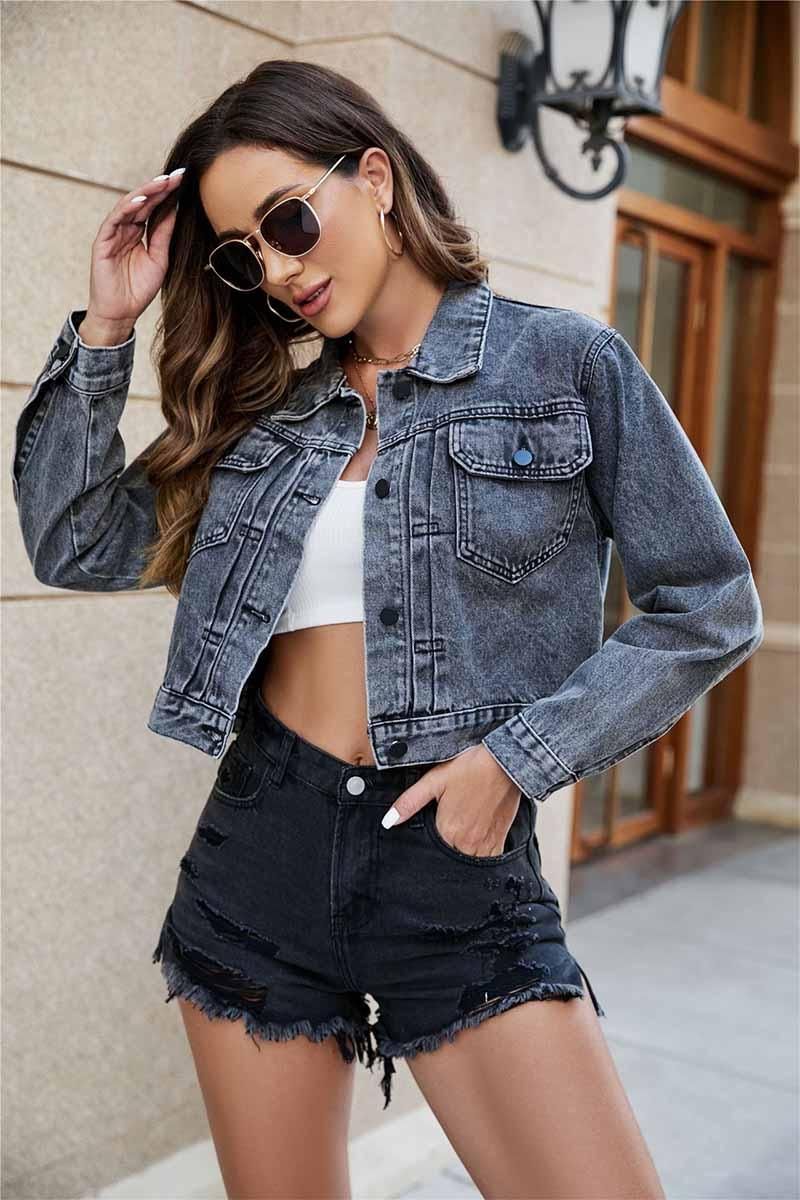 LONG SLEEVE CROP DENIM JACKET WITH POCKETS - Doublju