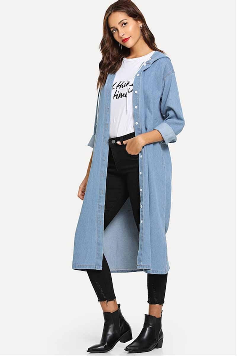 BUTTON CLOSURE HOODED LONG DENIM JACKET - Doublju