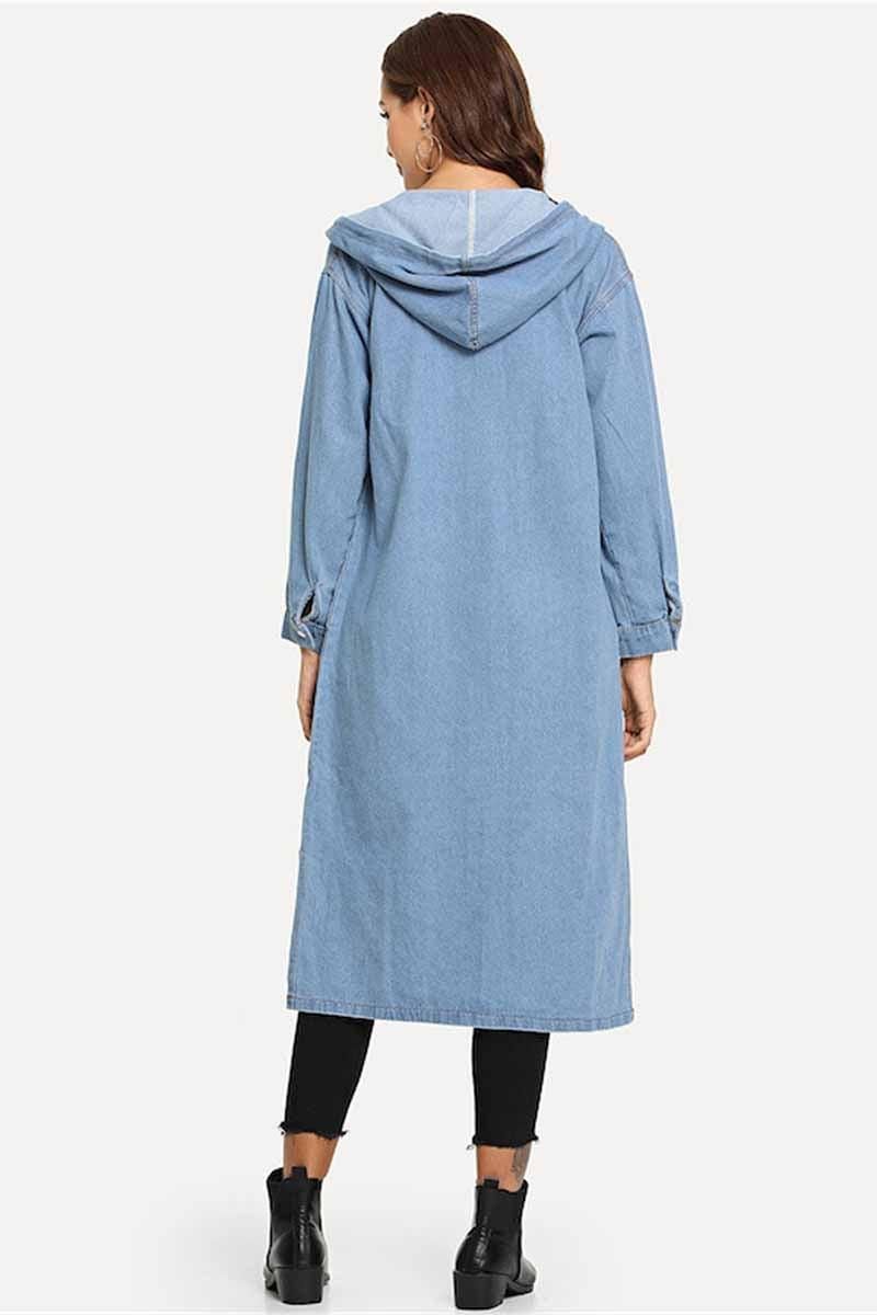 BUTTON CLOSURE HOODED LONG DENIM JACKET - Doublju