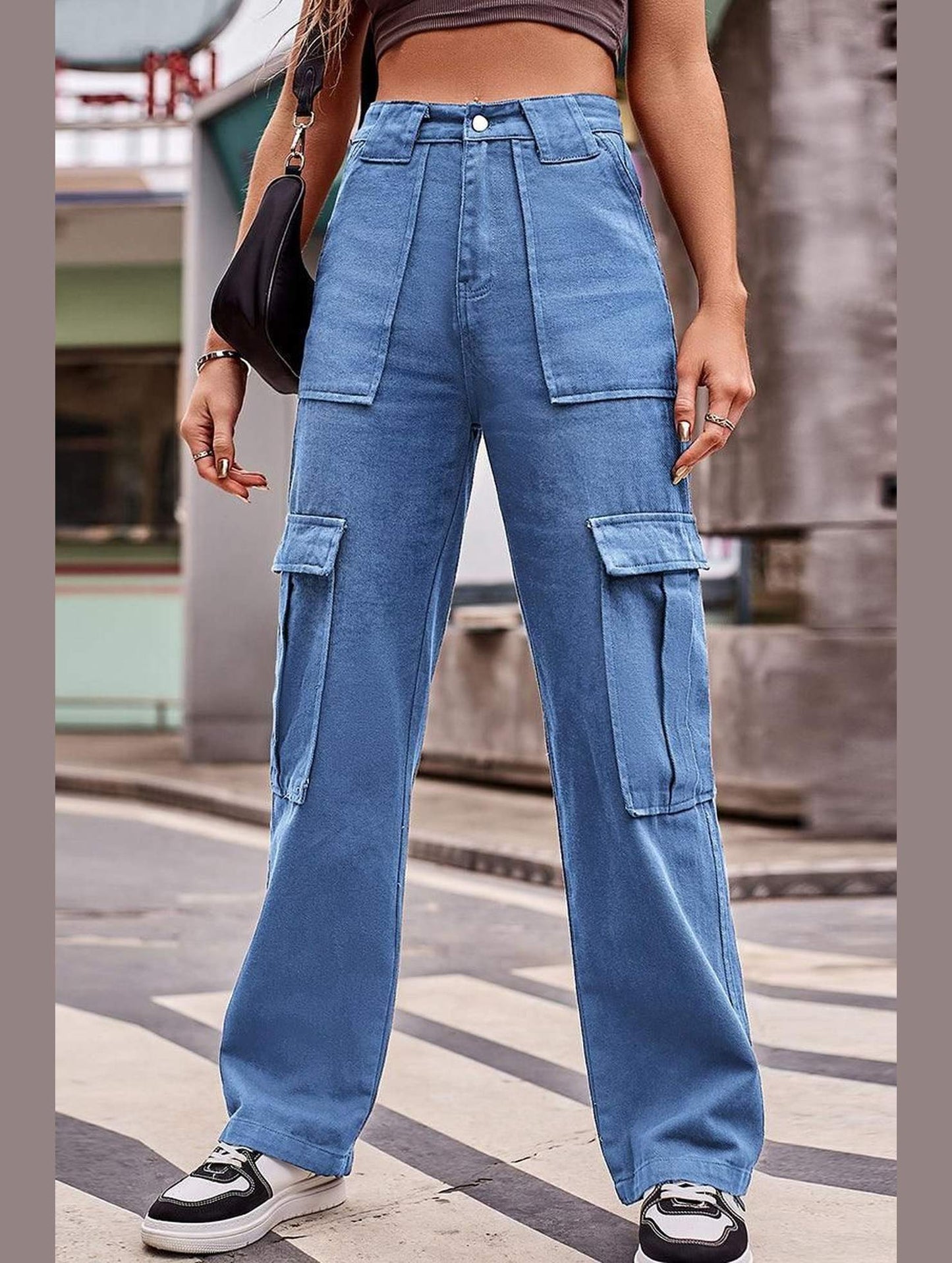 MULTI POCKET CASUAL DENIM PANTS - Doublju