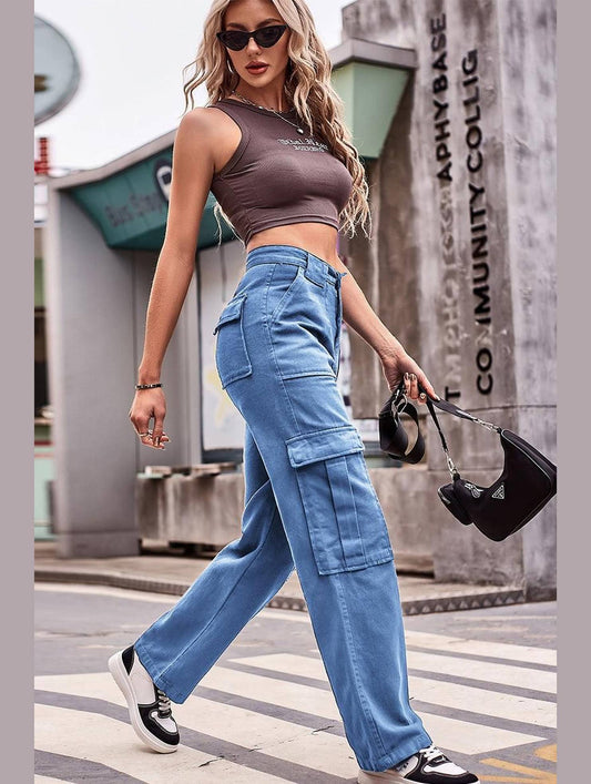 MULTI POCKET CASUAL DENIM PANTS - Doublju