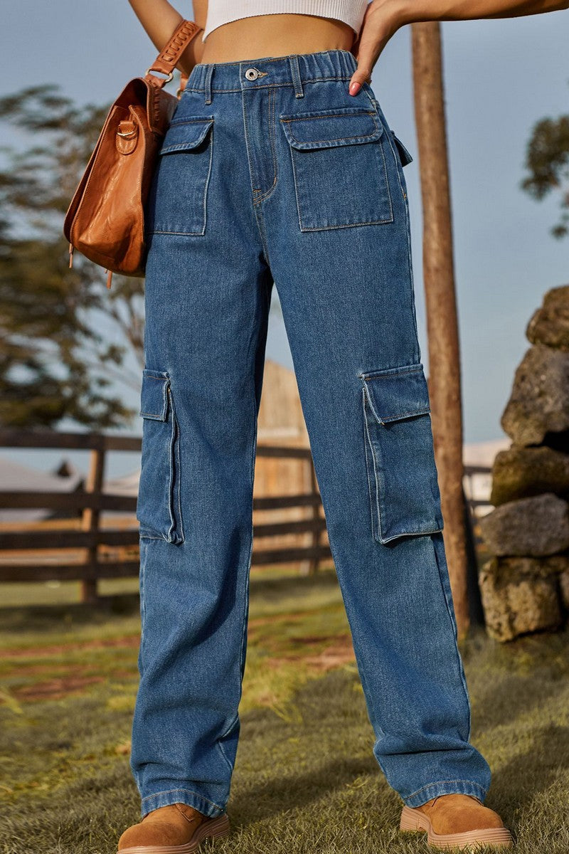 WOMEN STRAIGHT LEG DENIM PANTS JEANS WITH POCKETS