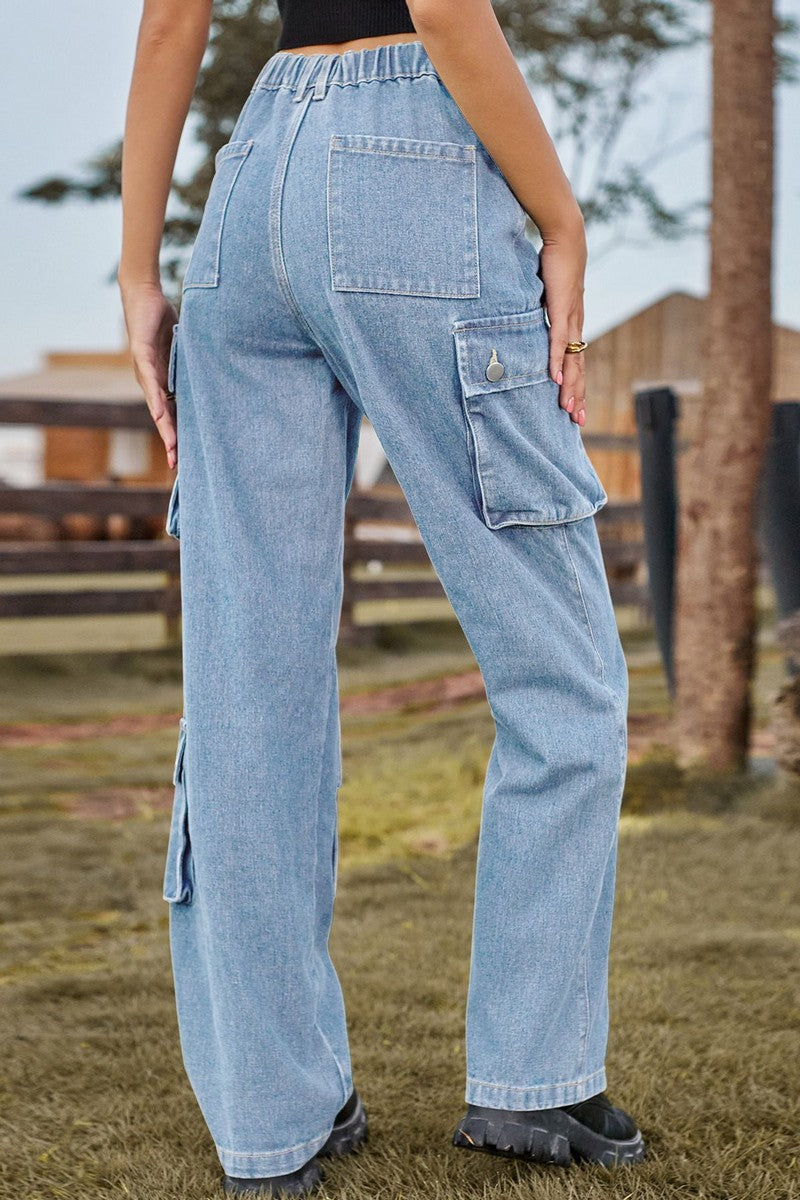 WOMEN STRAIGHT LEG ELASTIC WAIST CASUAL JEANS