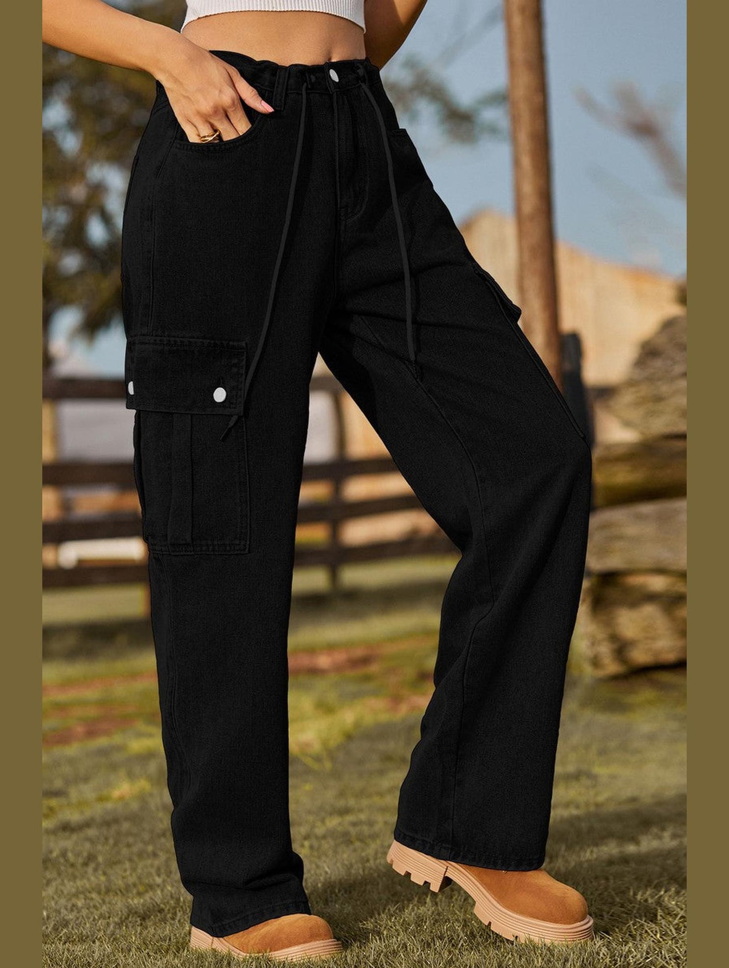 WOMEN ELASTIC DRAWSTRING WAIST CASUAL JEANS