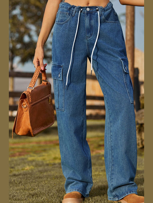 WOMEN ELASTIC DRAWSTRING WAIST CASUAL JEANS