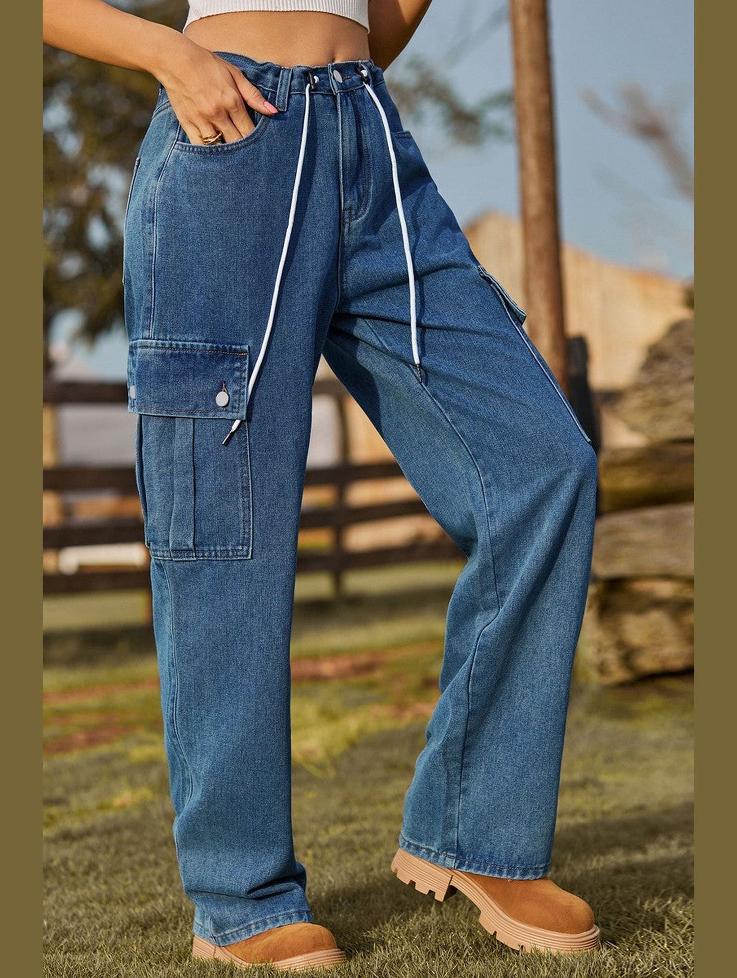 WOMEN ELASTIC DRAWSTRING WAIST CASUAL JEANS