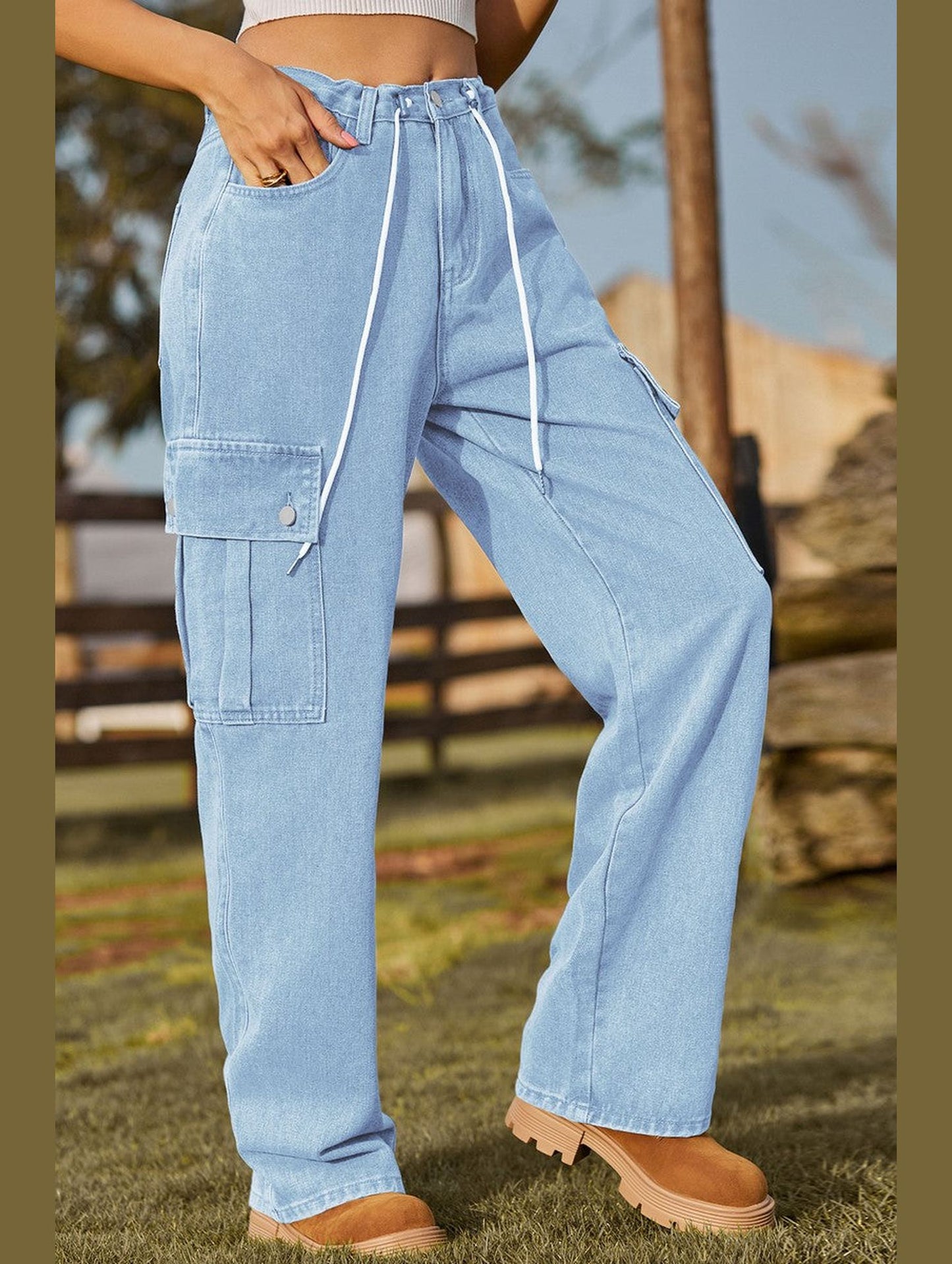 WOMEN ELASTIC DRAWSTRING WAIST CASUAL JEANS