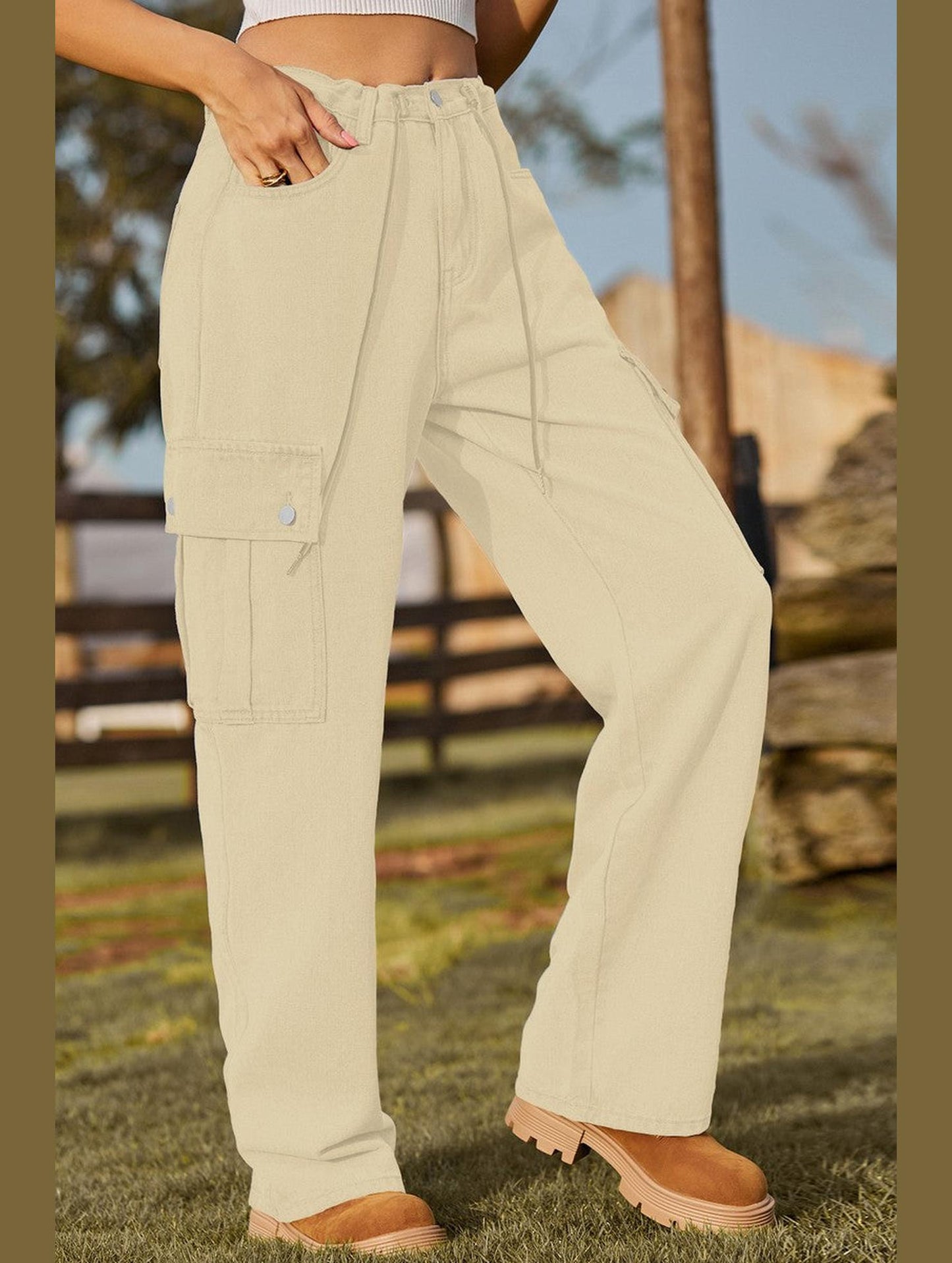 WOMEN ELASTIC DRAWSTRING WAIST CASUAL JEANS