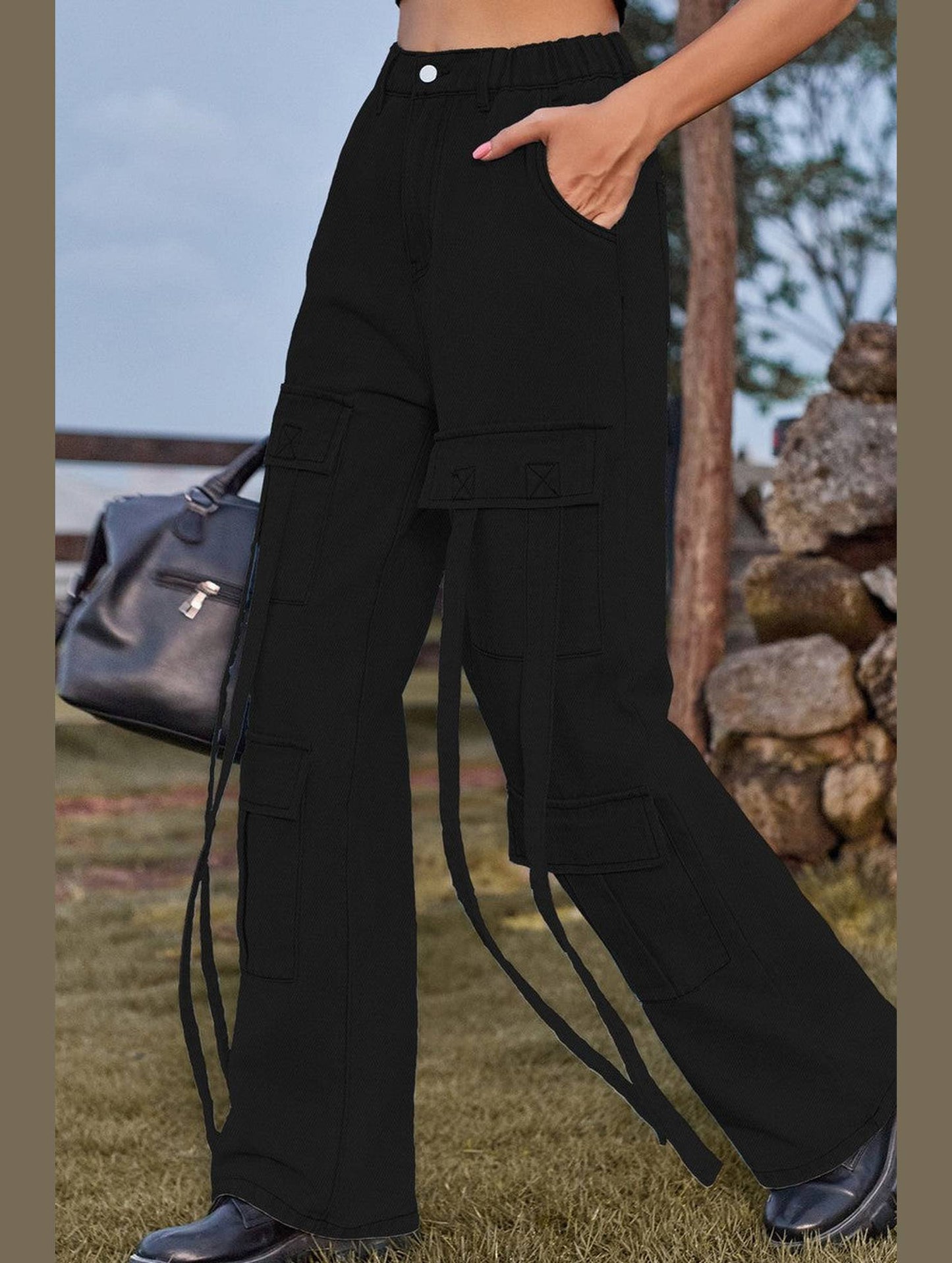 WOMEN ELASTIC WAIST DENIM CARGO PANTS JEANS