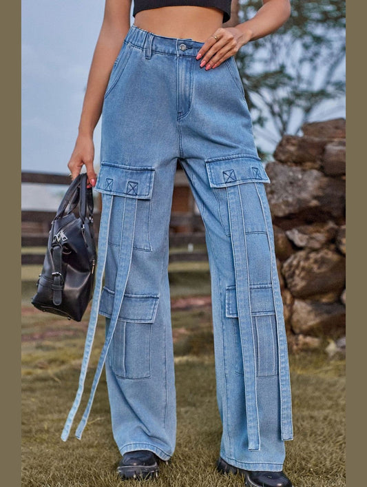 WOMEN ELASTIC WAIST DENIM CARGO PANTS JEANS