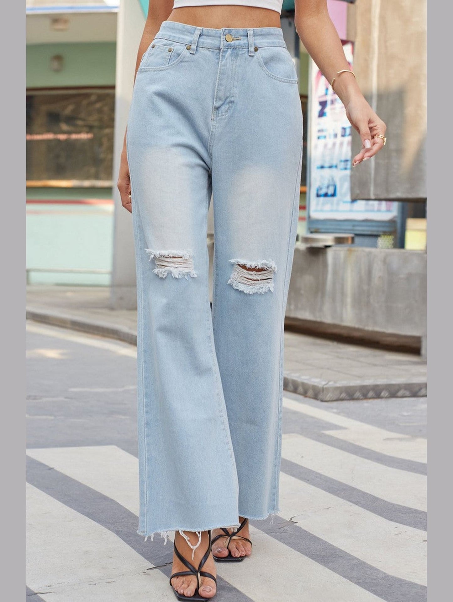 WOMEN DISTRESSED VINTAGE CASUAL DENIM PANTS JEANS