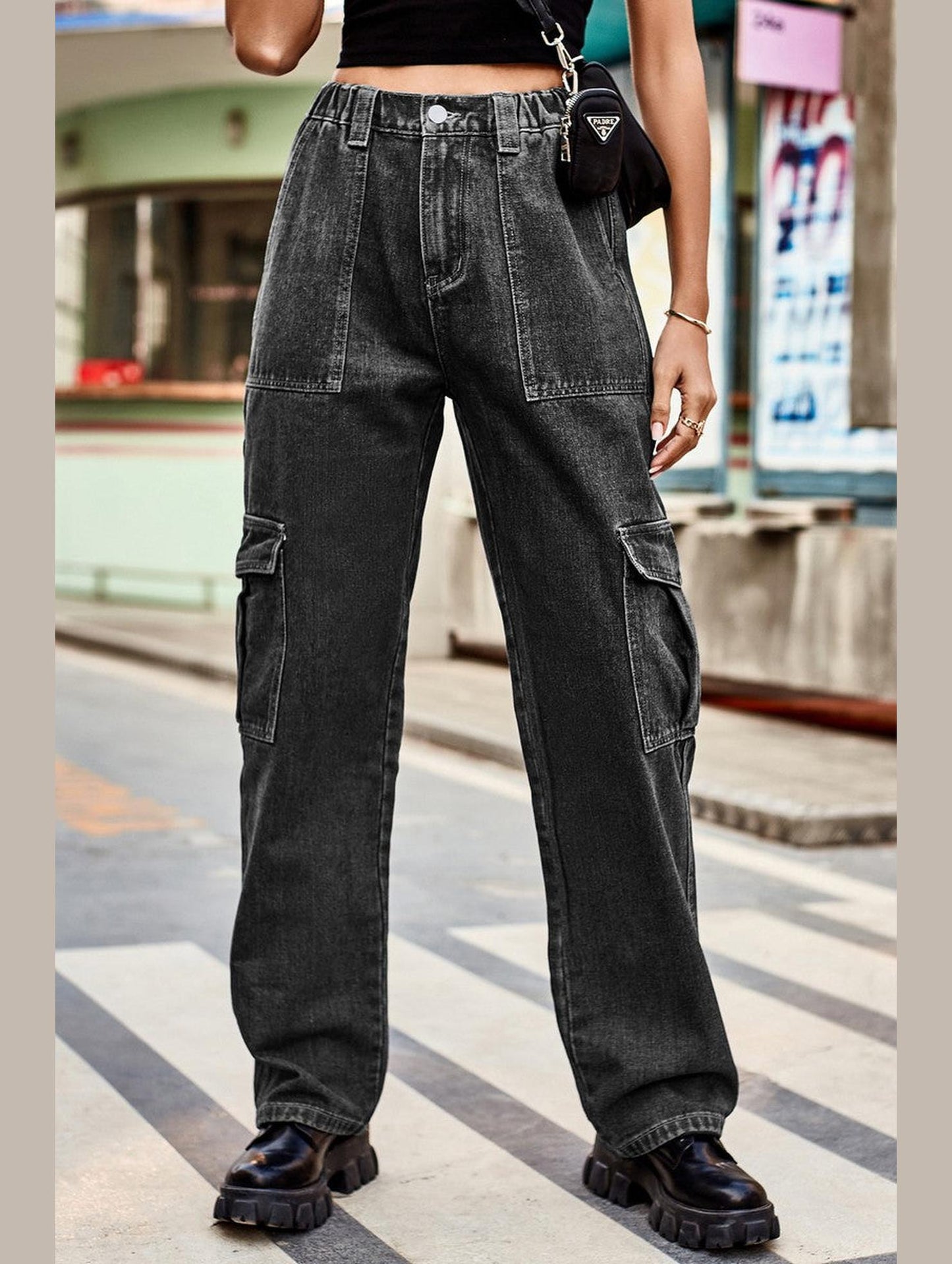 WOMEN COMFY ELASTIC WAIST DENIM CARGO JEANS