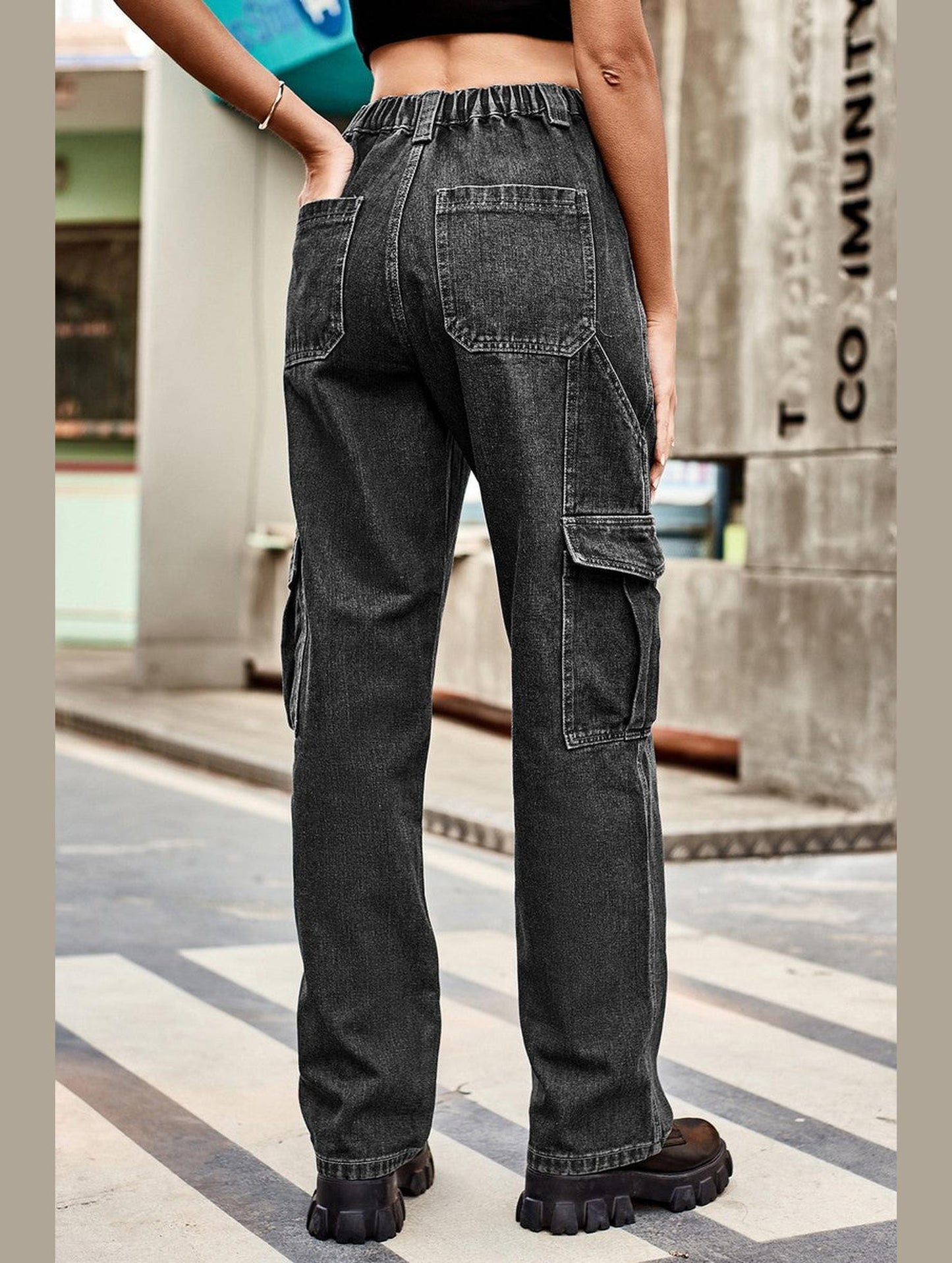 WOMEN COMFY ELASTIC WAIST DENIM CARGO JEANS