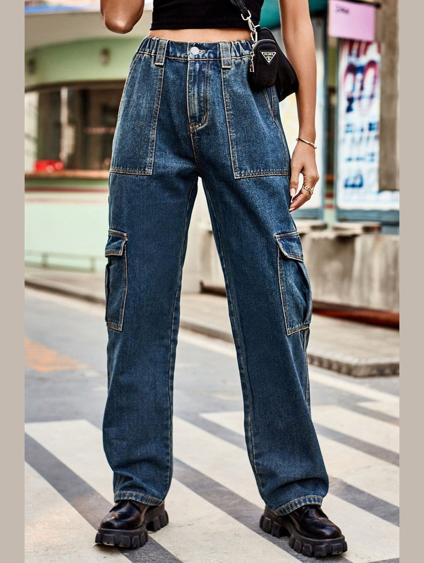 WOMEN COMFY ELASTIC WAIST DENIM CARGO JEANS