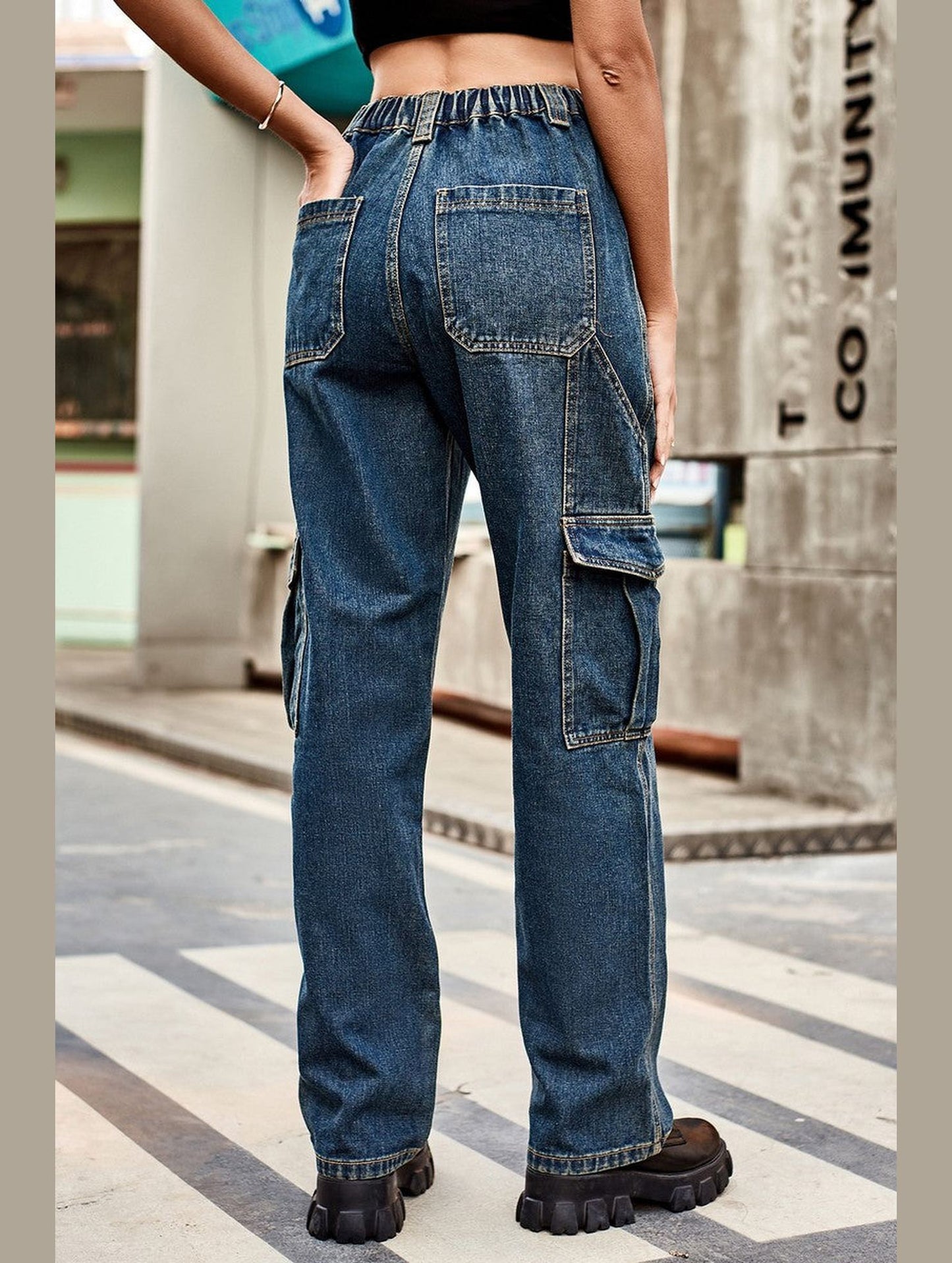 WOMEN COMFY ELASTIC WAIST DENIM CARGO JEANS