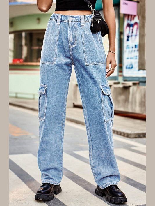 WOMEN COMFY ELASTIC WAIST DENIM CARGO JEANS
