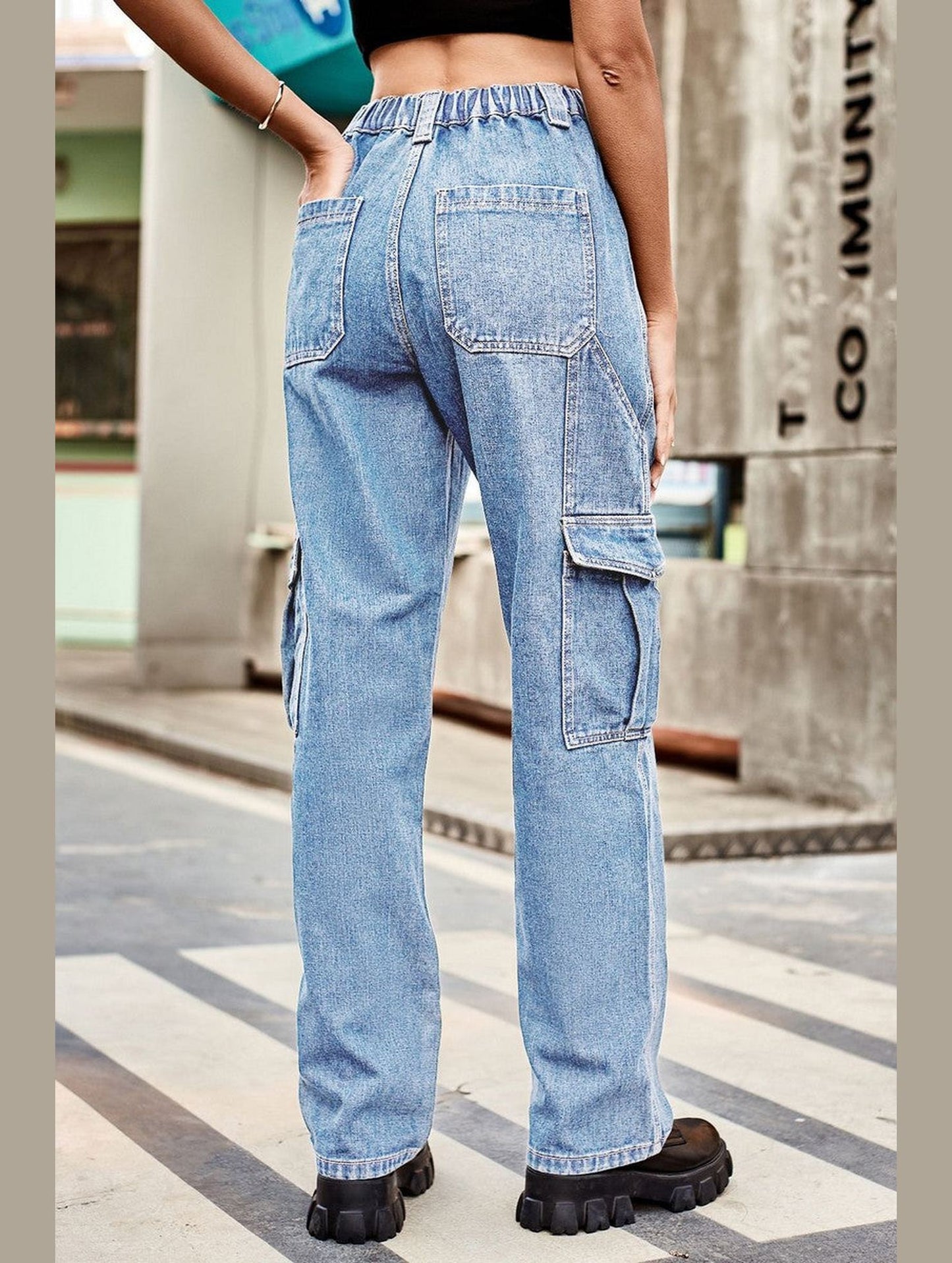 WOMEN COMFY ELASTIC WAIST DENIM CARGO JEANS