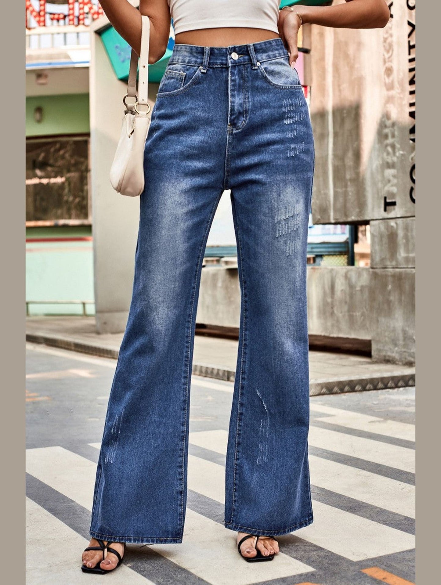 WOMEN FLARE WASHED DENIM PANTS CASUAL JEANS