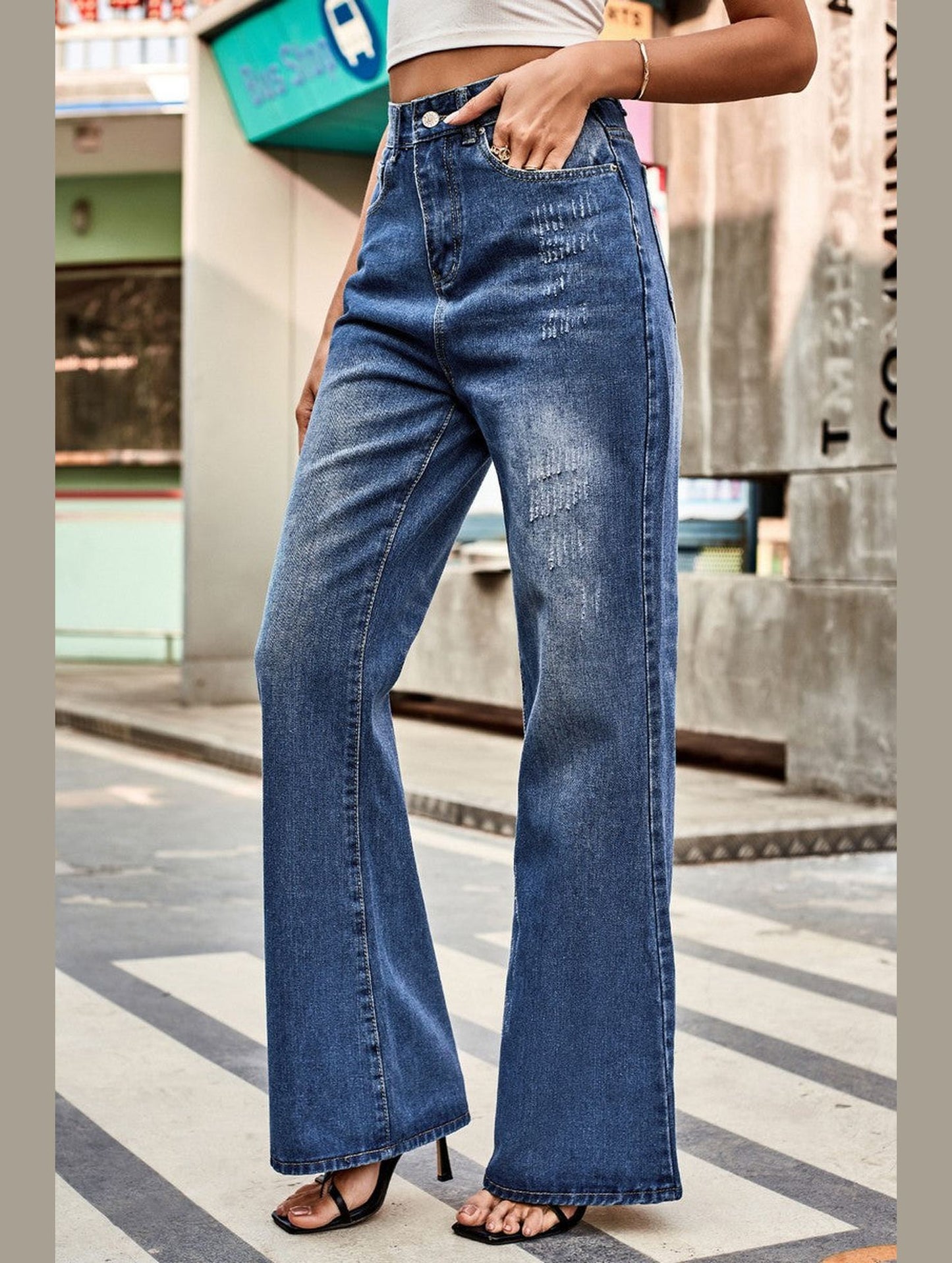WOMEN FLARE WASHED DENIM PANTS CASUAL JEANS