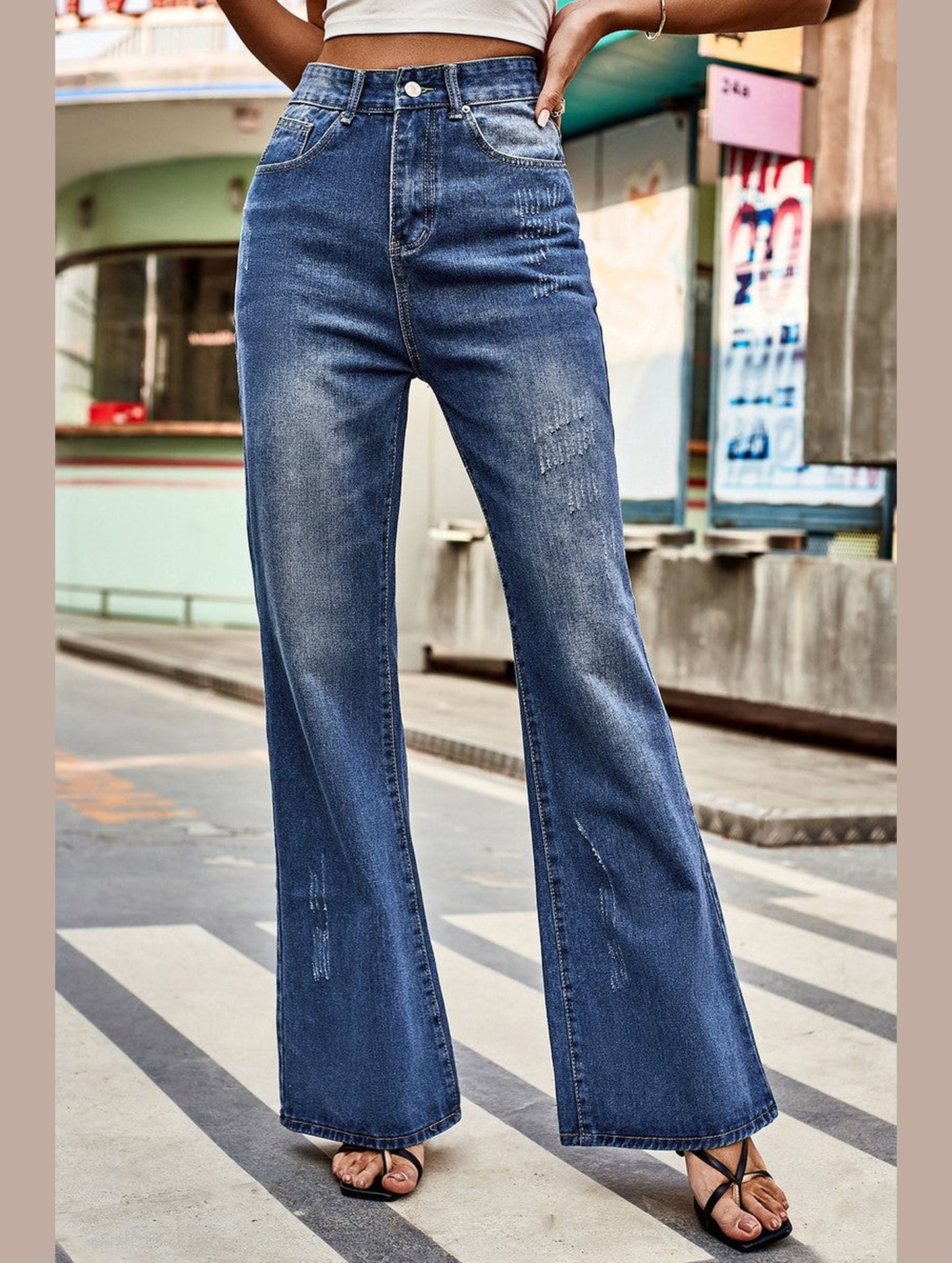 WOMEN FLARE WASHED DENIM PANTS CASUAL JEANS