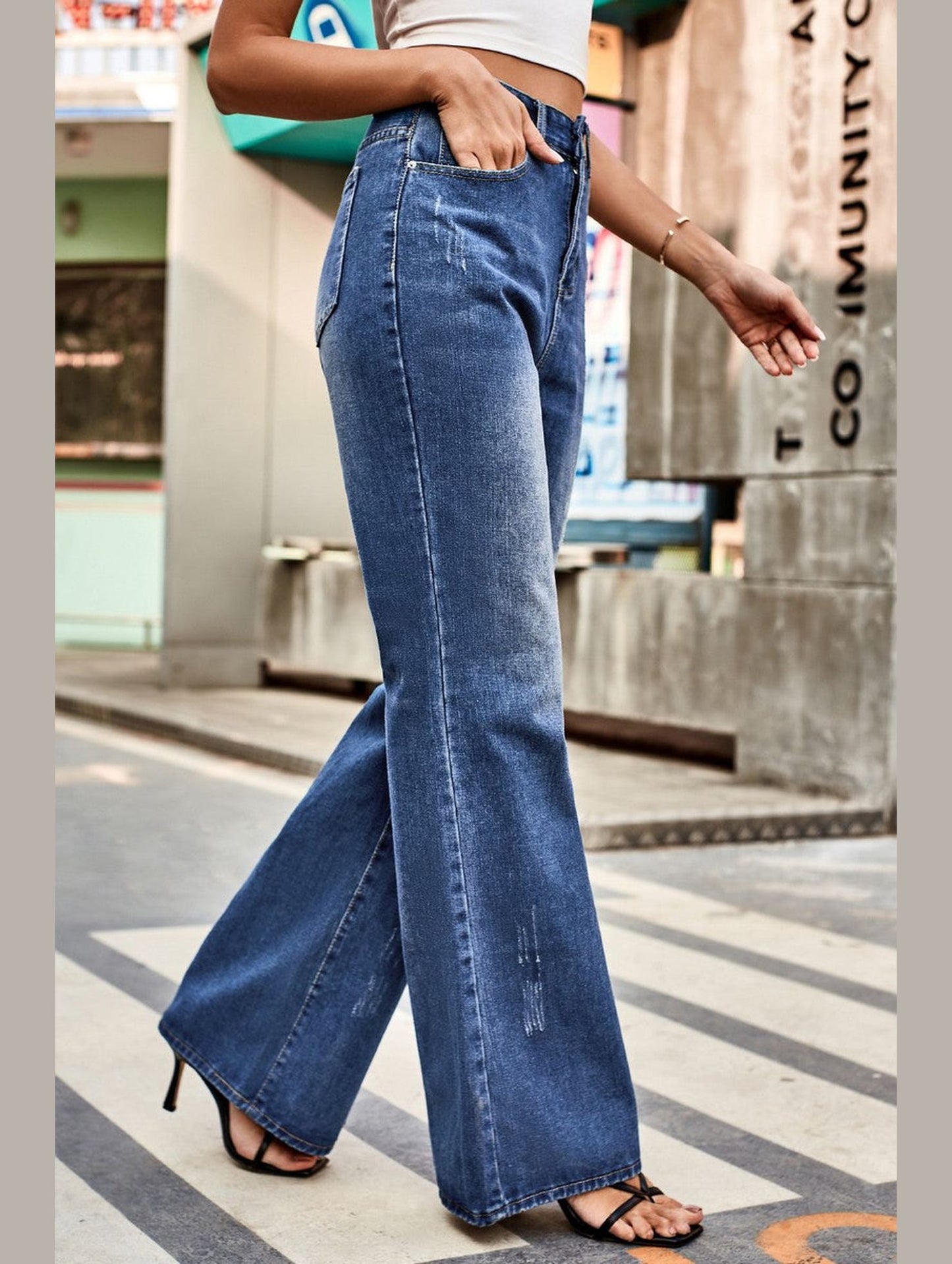 WOMEN FLARE WASHED DENIM PANTS CASUAL JEANS