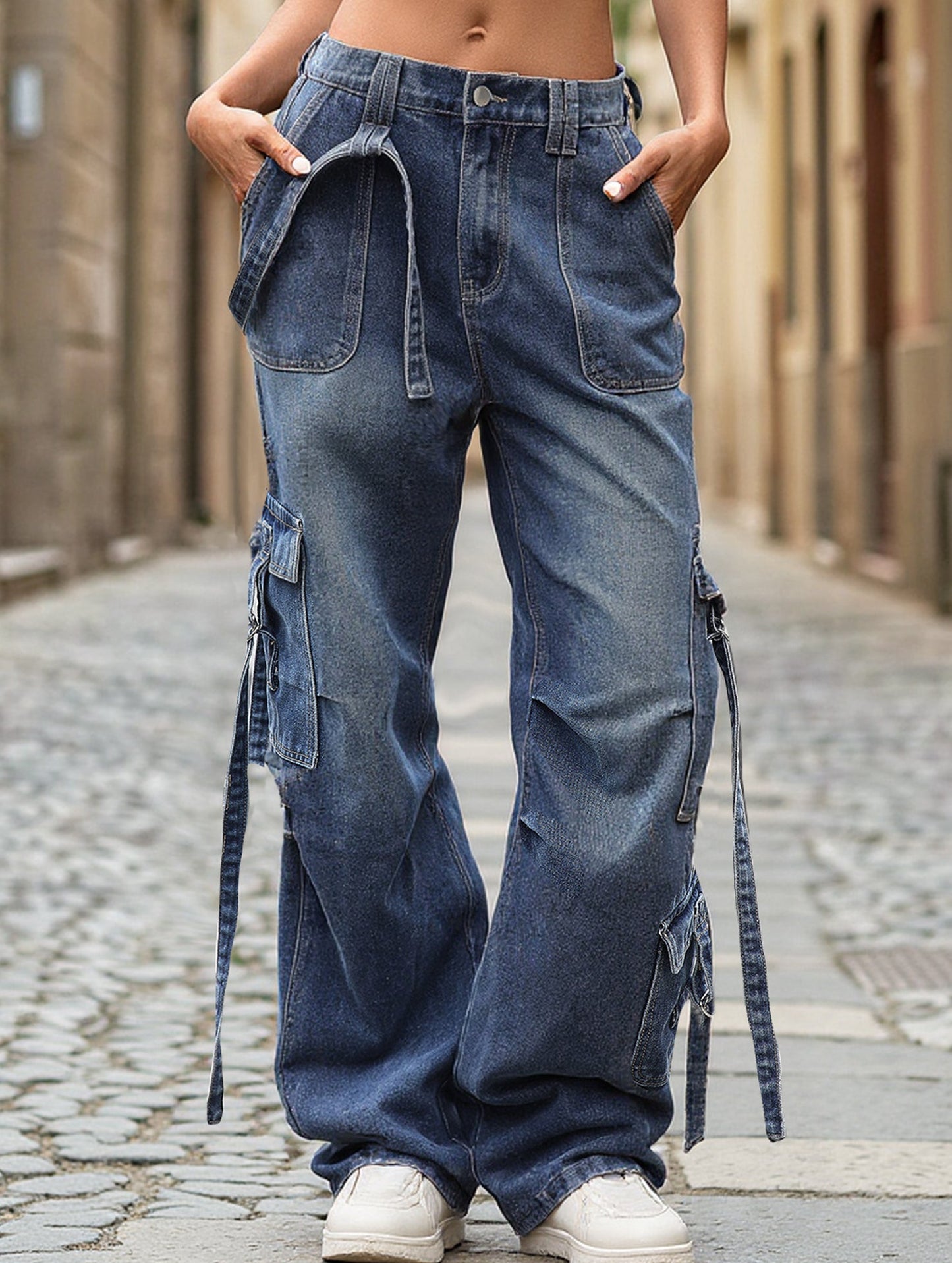Multi-pocket lace-up wide-leg loose denim trousers