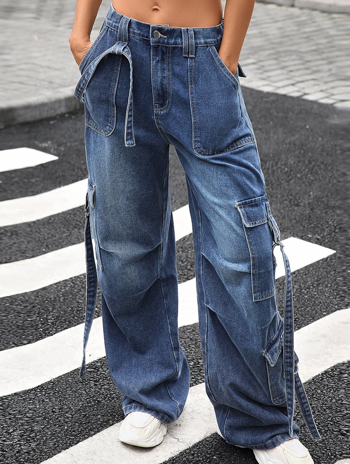 Multi-pocket lace-up wide-leg loose denim trousers
