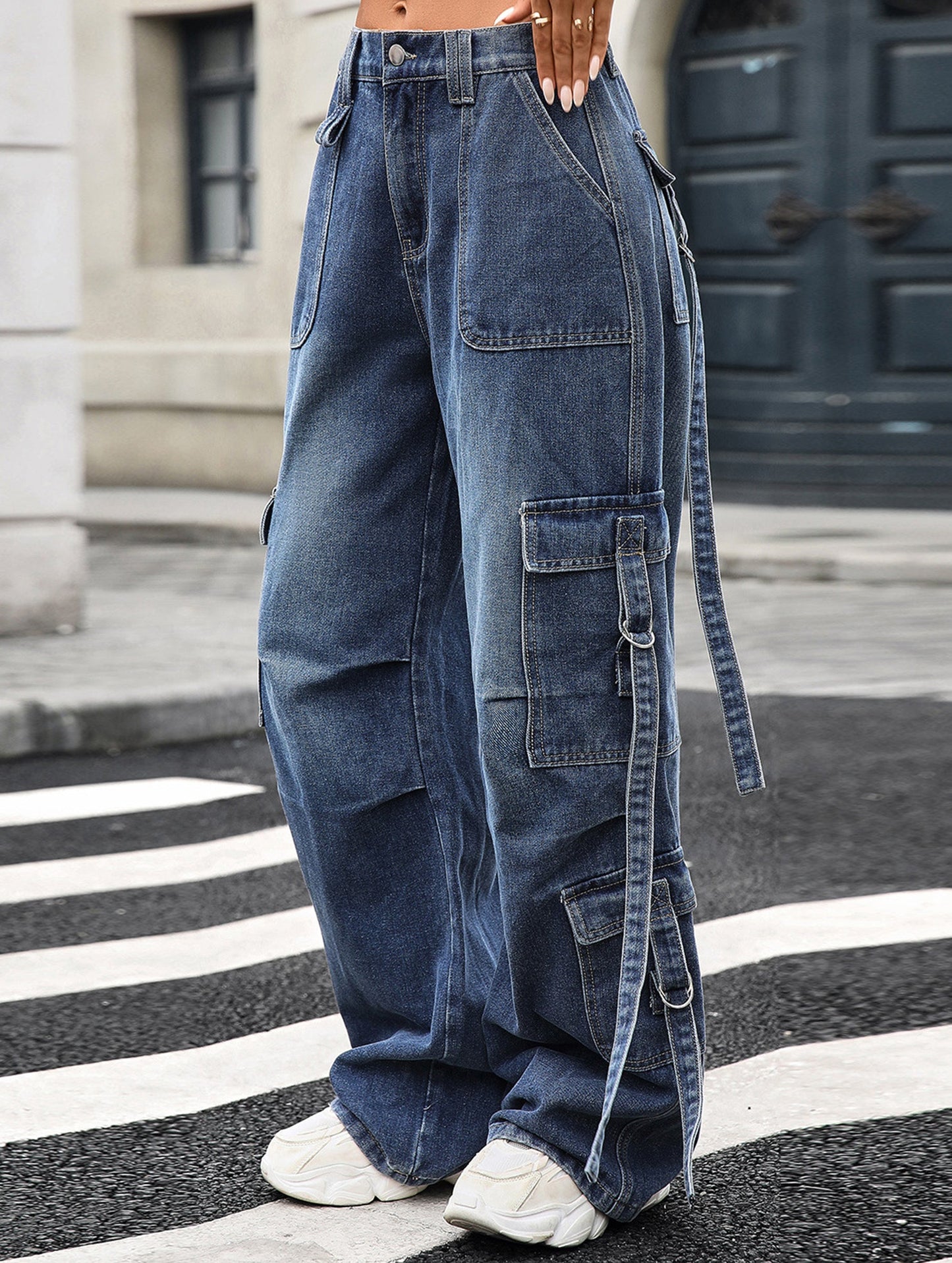 Multi-pocket lace-up wide-leg loose denim trousers