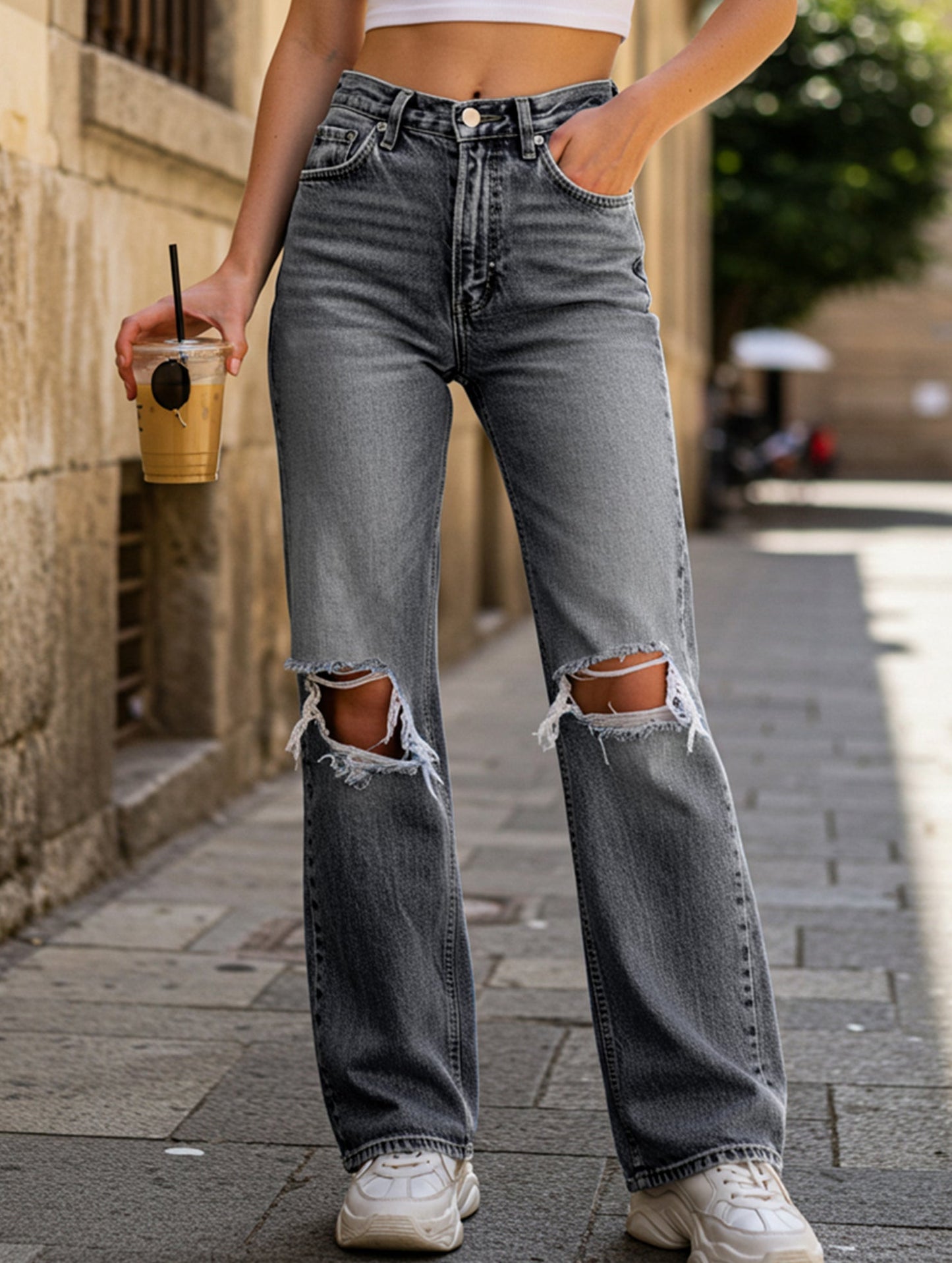 Ripped bootcut wide-leg jeans