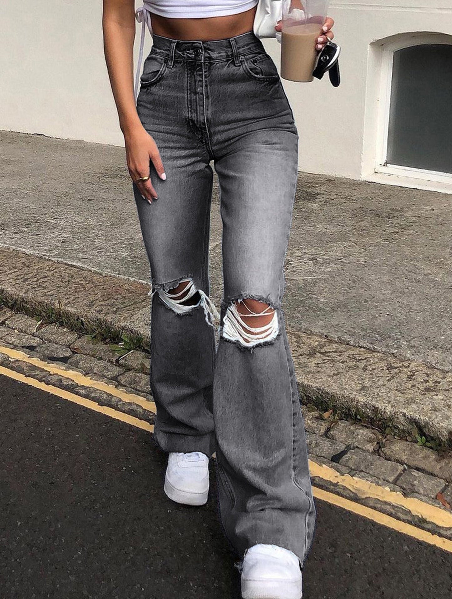 Ripped bootcut wide-leg jeans