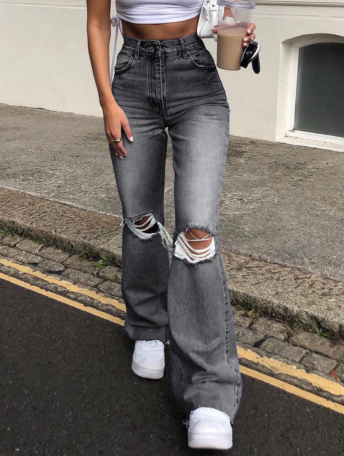 Ripped bootcut wide-leg jeans
