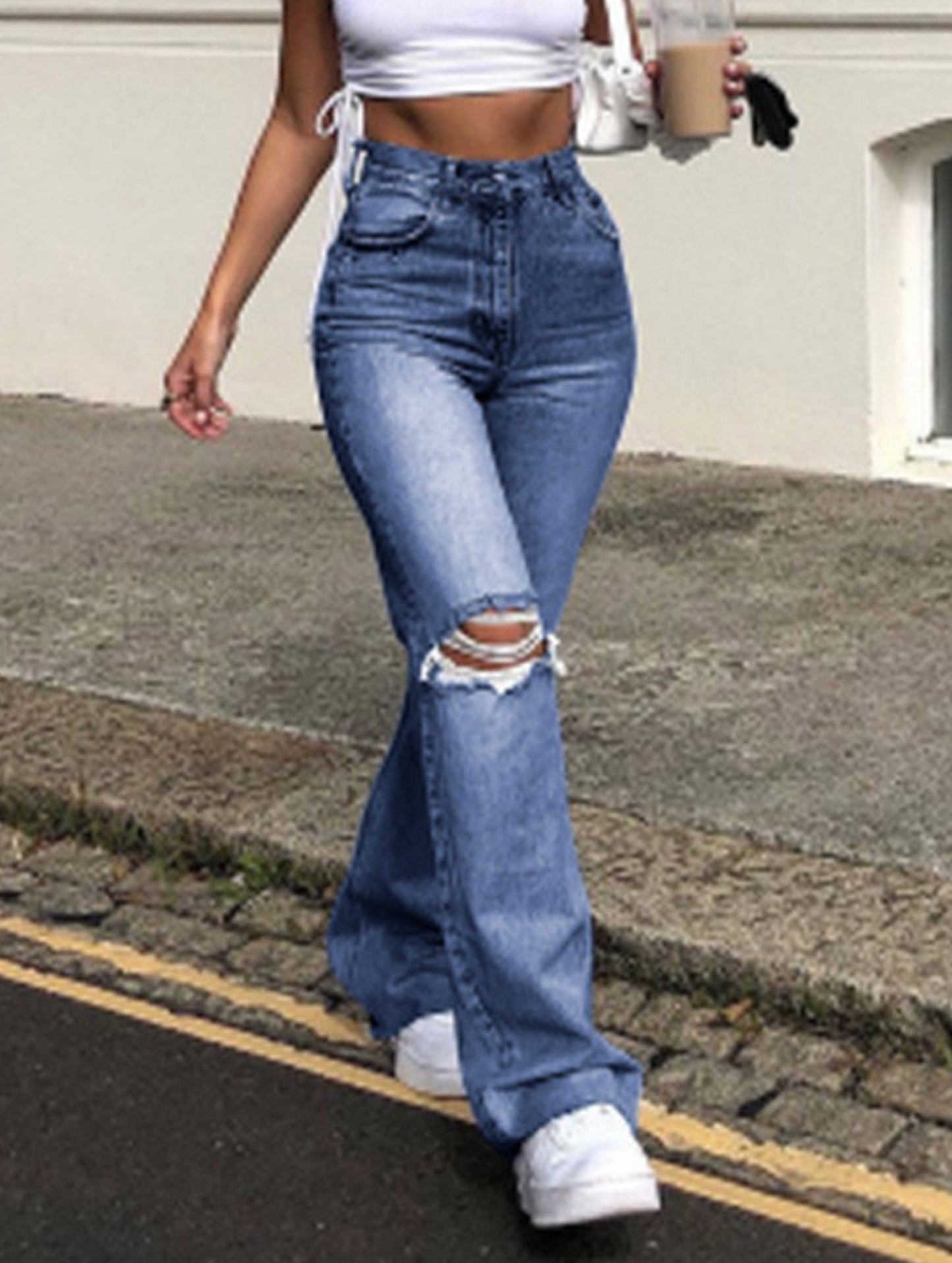 Ripped bootcut wide-leg jeans