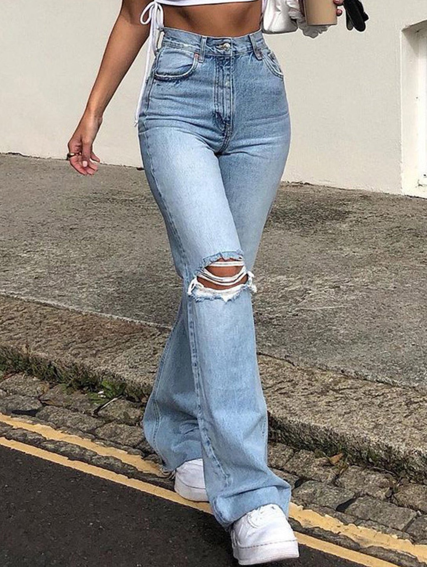Ripped bootcut wide-leg jeans