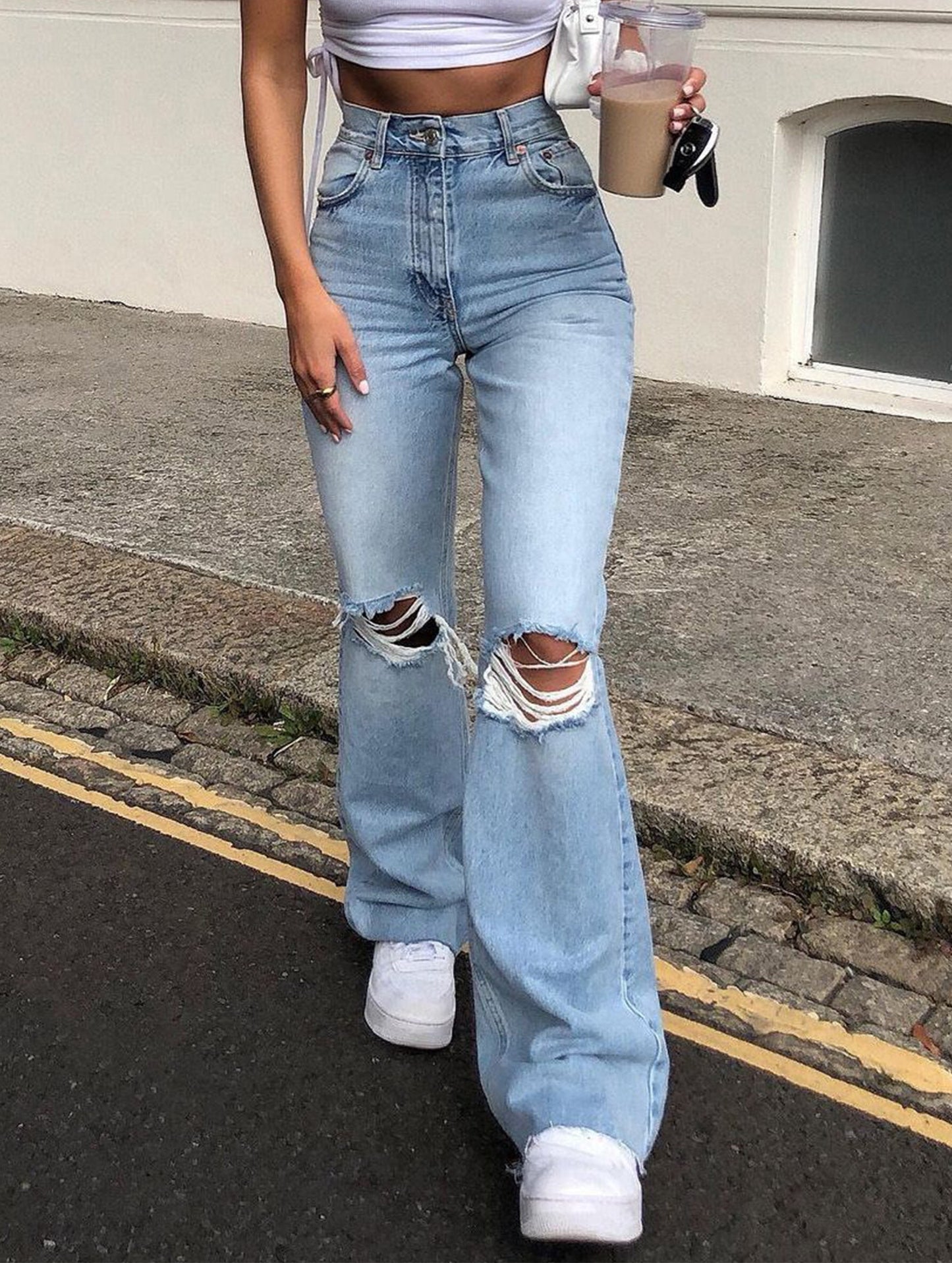 Ripped bootcut wide-leg jeans