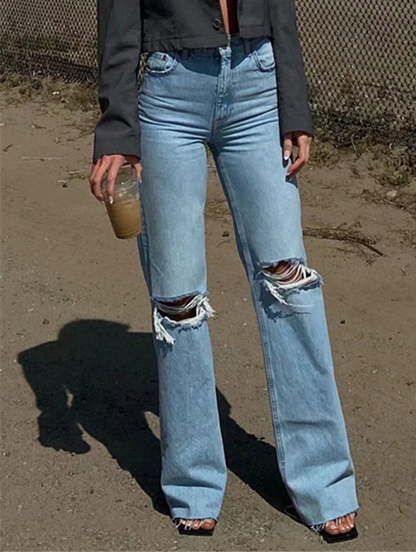 Ripped bootcut wide-leg jeans