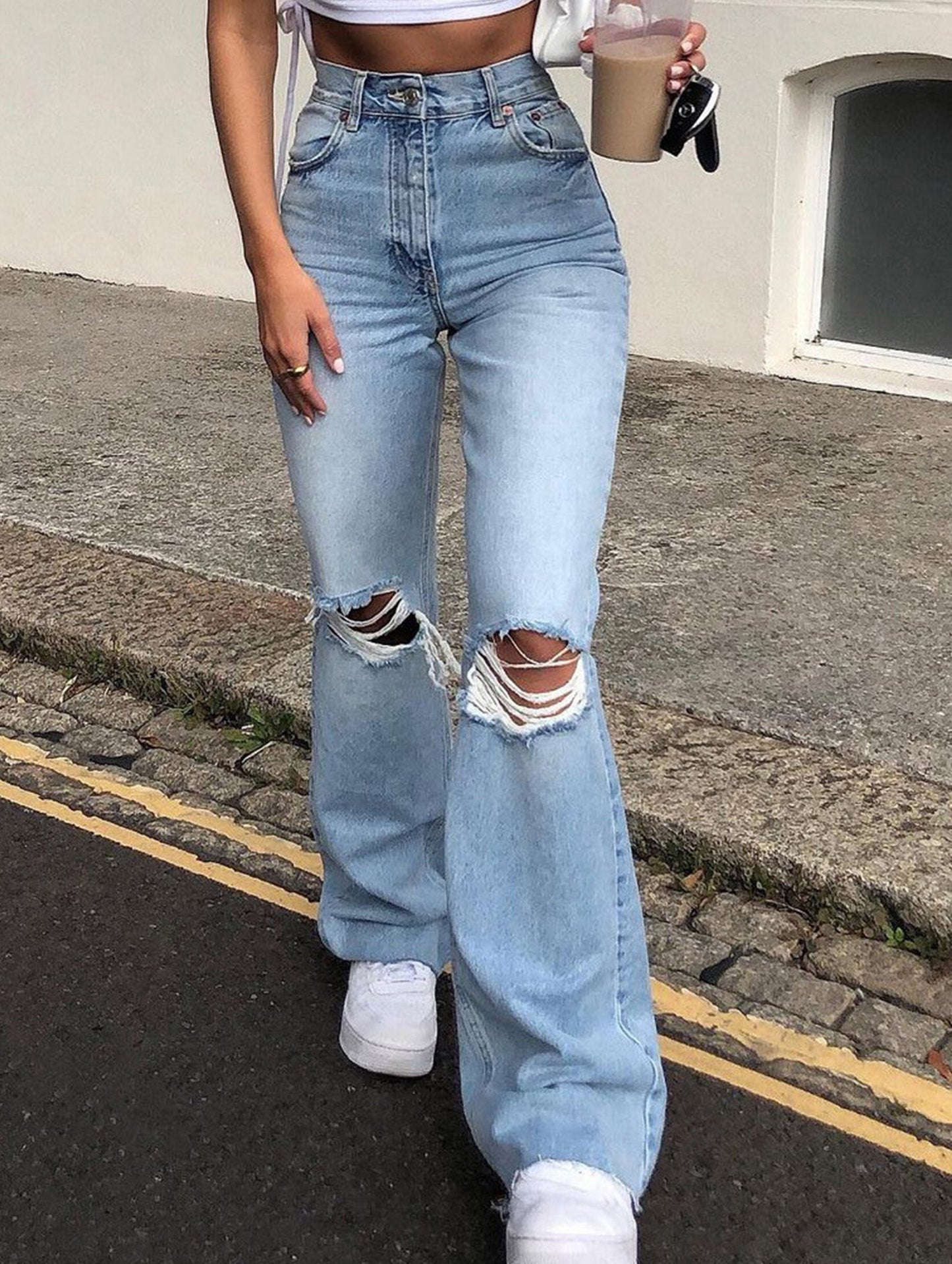 Ripped bootcut wide-leg jeans