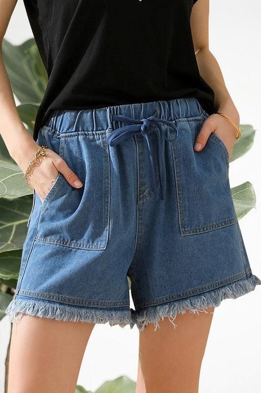 ELASTIC WAIST CASUAL DENIM SHORTS - Doublju