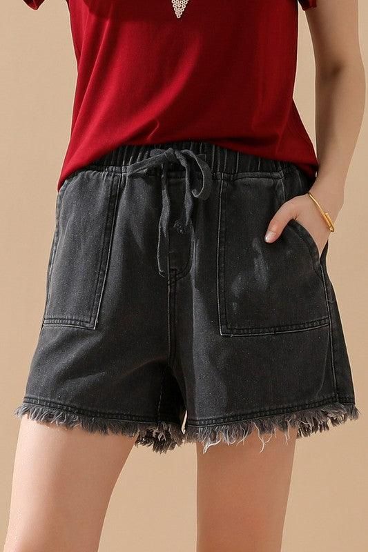 ELASTIC WAIST CASUAL DENIM SHORTS - Doublju