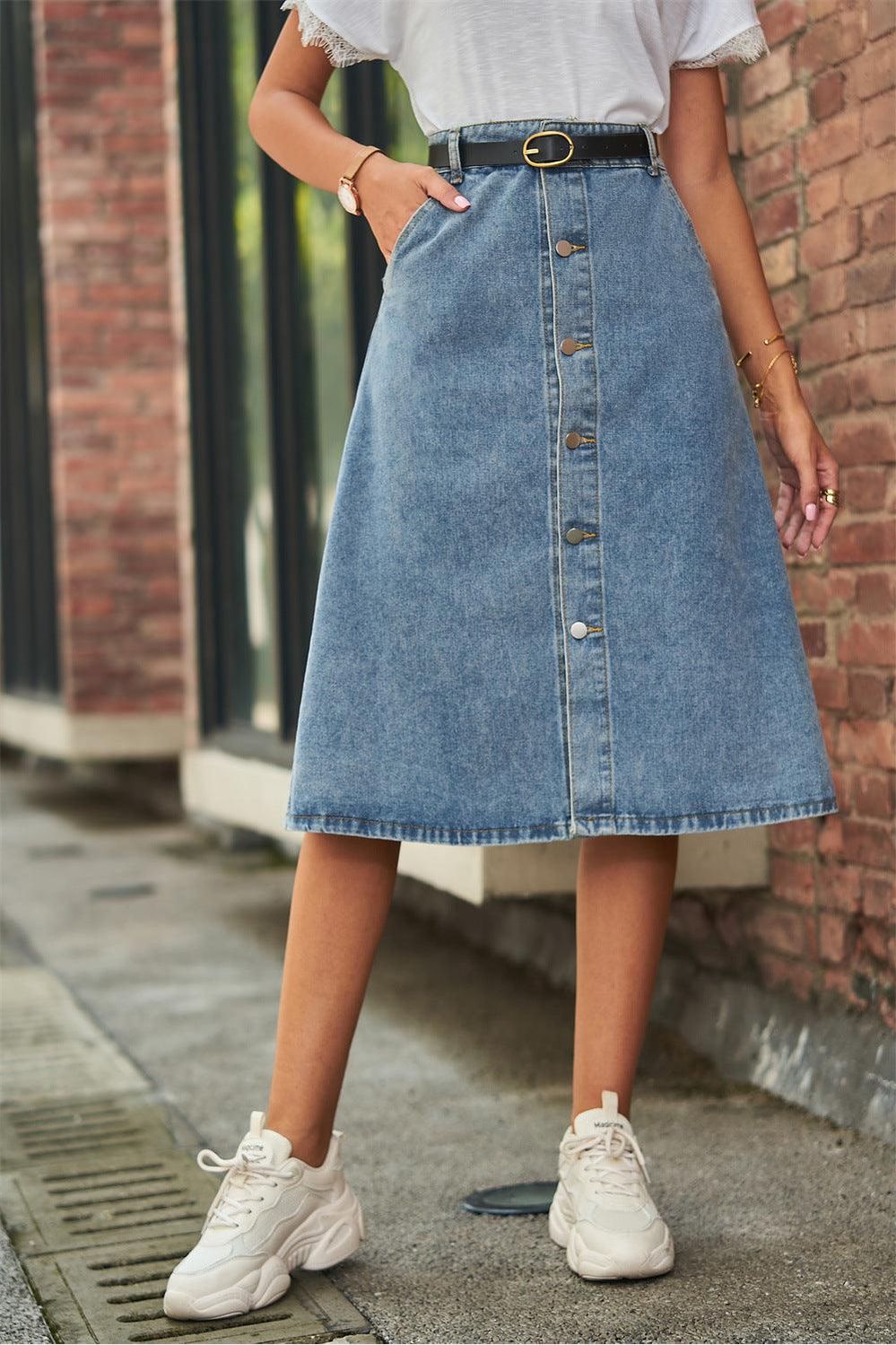 FRONT BUTTON CLOSURE DENIM SKIRT - Doublju