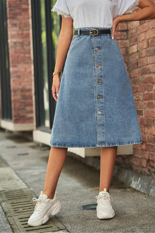 FRONT BUTTON CLOSURE DENIM SKIRT - Doublju